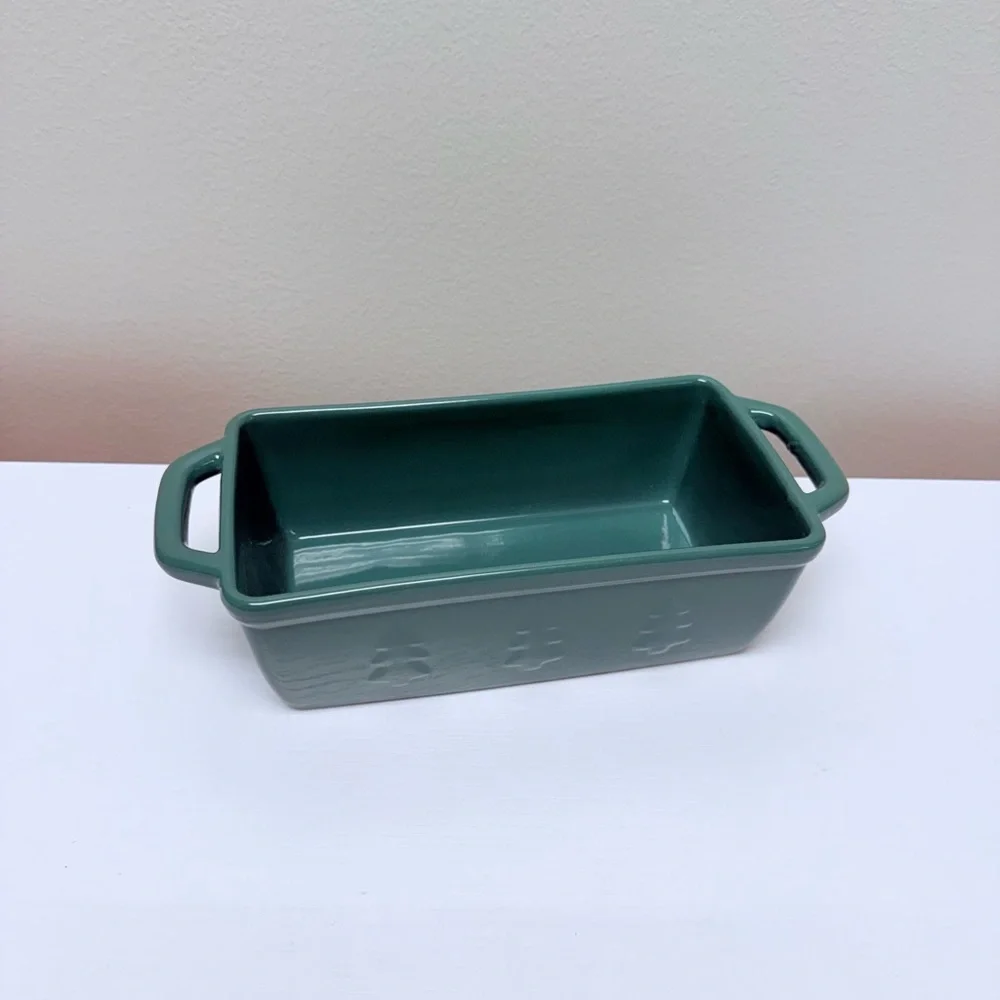 New! Green Holiday Bread Loaf Pan w/ Christmas Trees on sides Target Bullseye